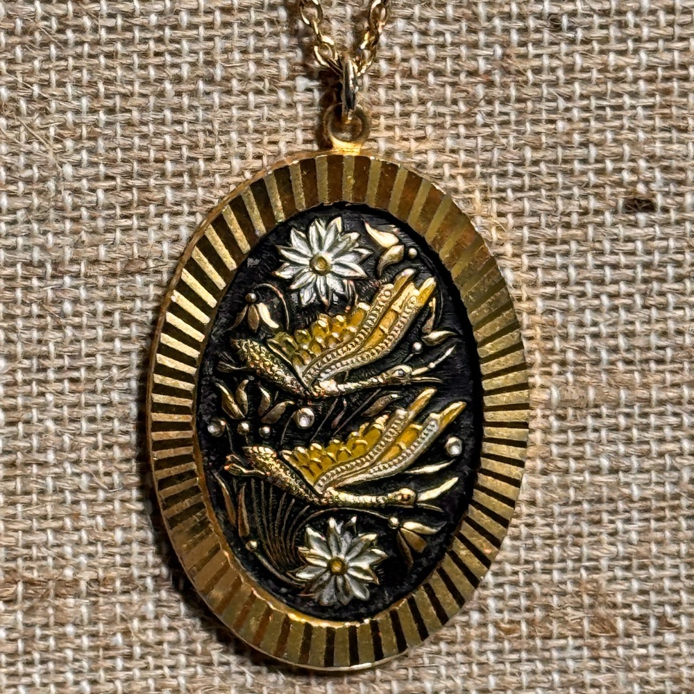 Vintage Fold Tone Necklace Toledo Faux Damascene Crane Pendant: Good Luck Charm